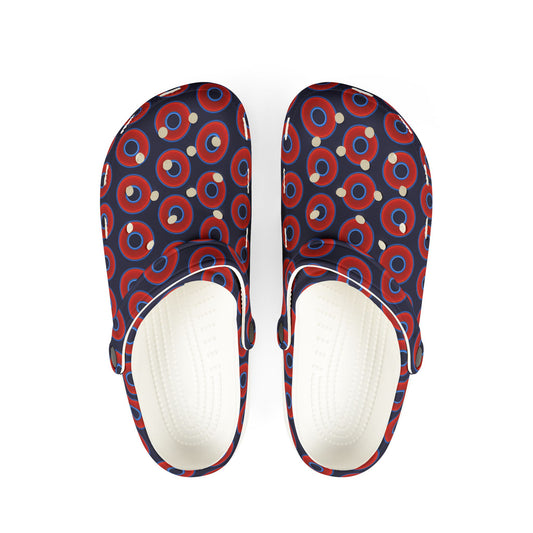 Spatchcocks - donut slip-on shoes - vivid red donuts w/midnight blue background [unisex]