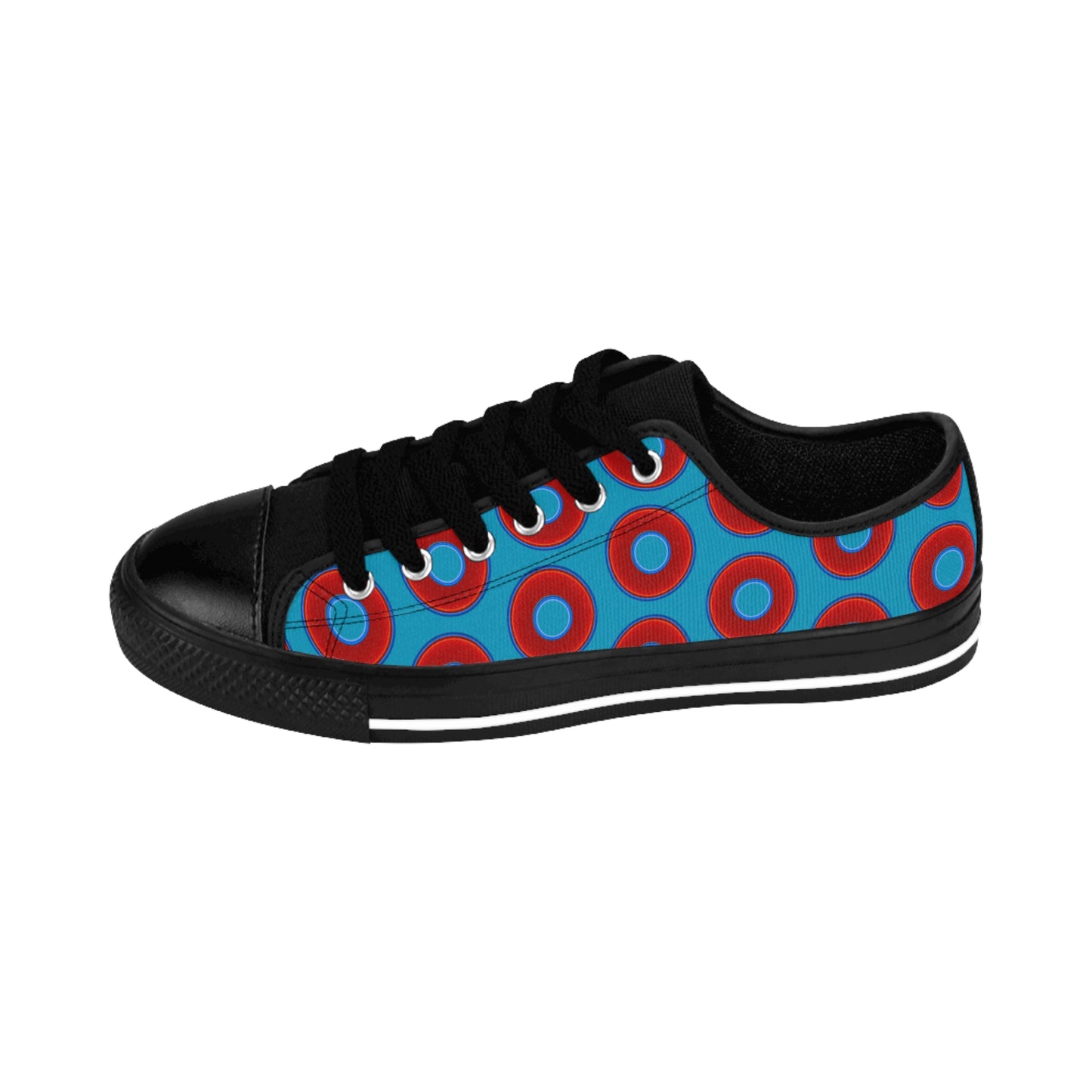 Men's Cushiony Convectors - Low Top - large red vivid donut print w/aquamarine background