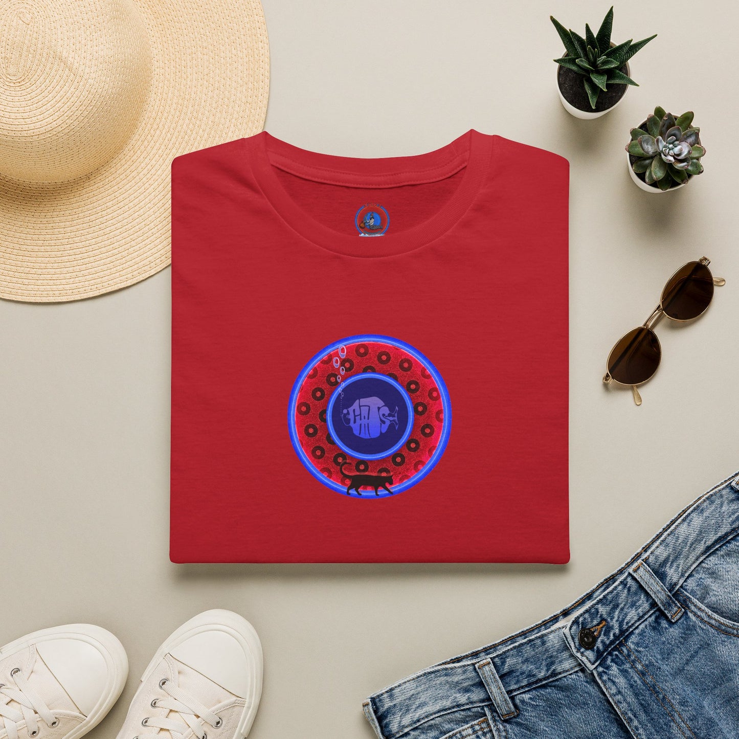 Classic Donut Tee - Unisex Soft-Style - "The Cat's Meow Donut' - red/blue paradox widemouthed donut