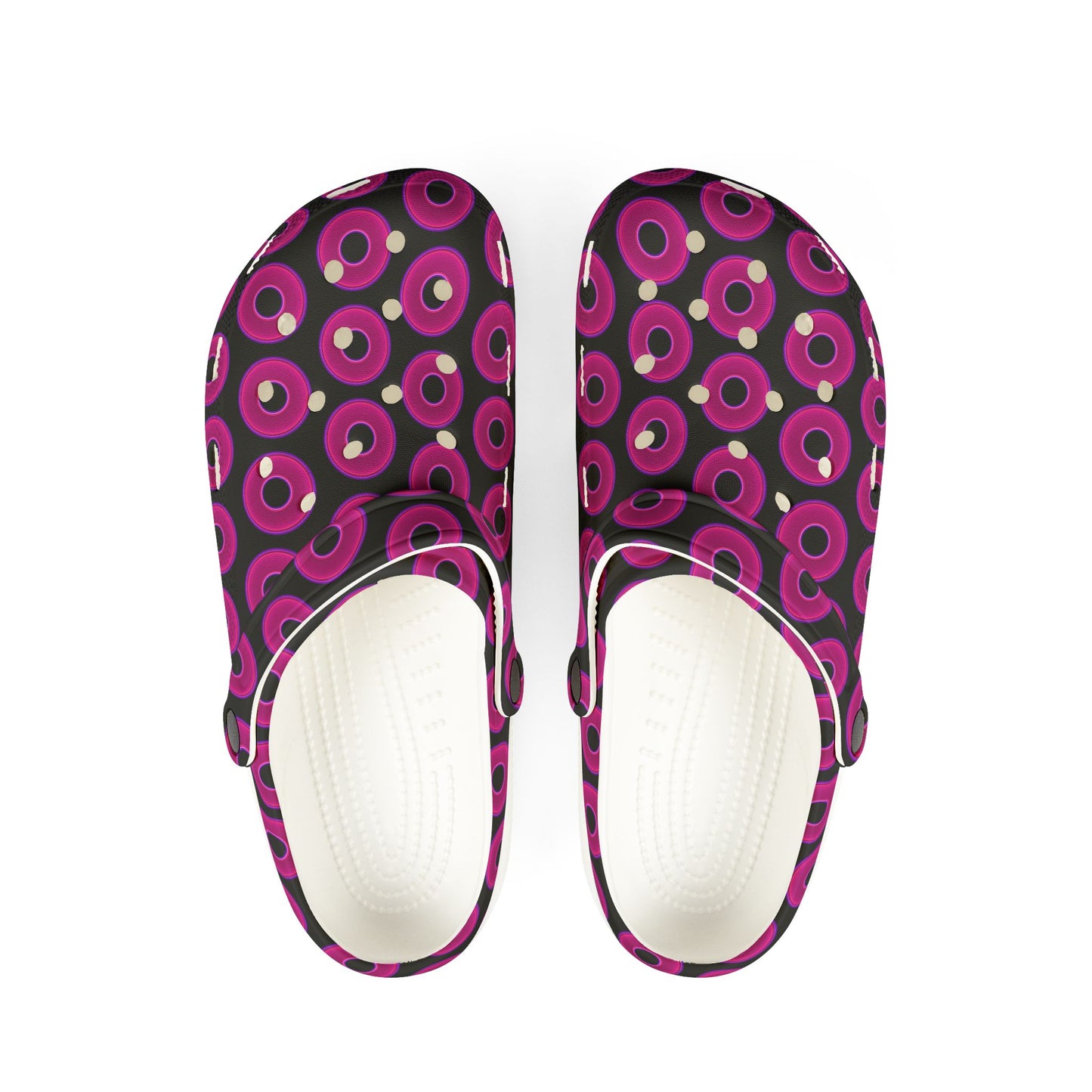 Spatchcocks - donut slip-on shoes - vivid magenta donuts w/black background [unisex]