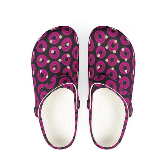 Spatchcocks - donut slip-on shoes - vivid magenta donuts w/black background [unisex]