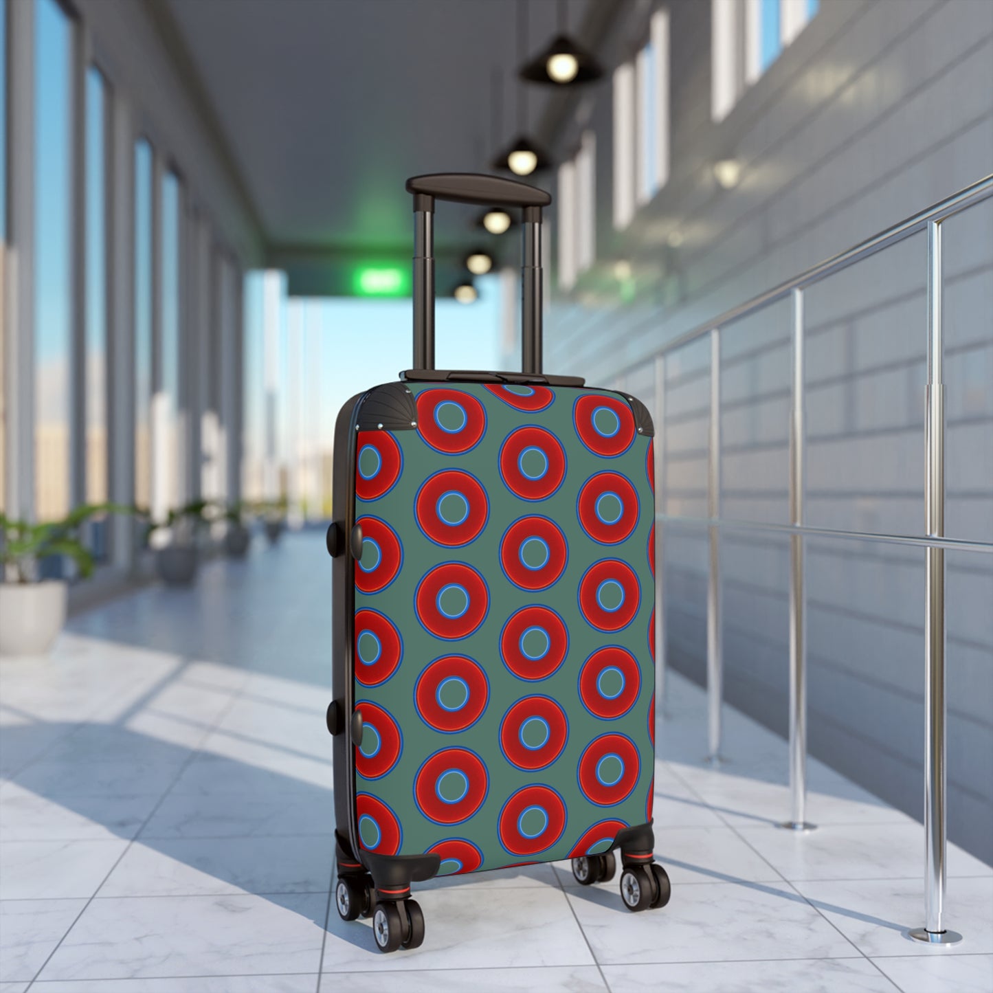 The Very Lumpy Donut Suitcase series - your choice of S, M or L - vivid red donut print w/Fenway green background