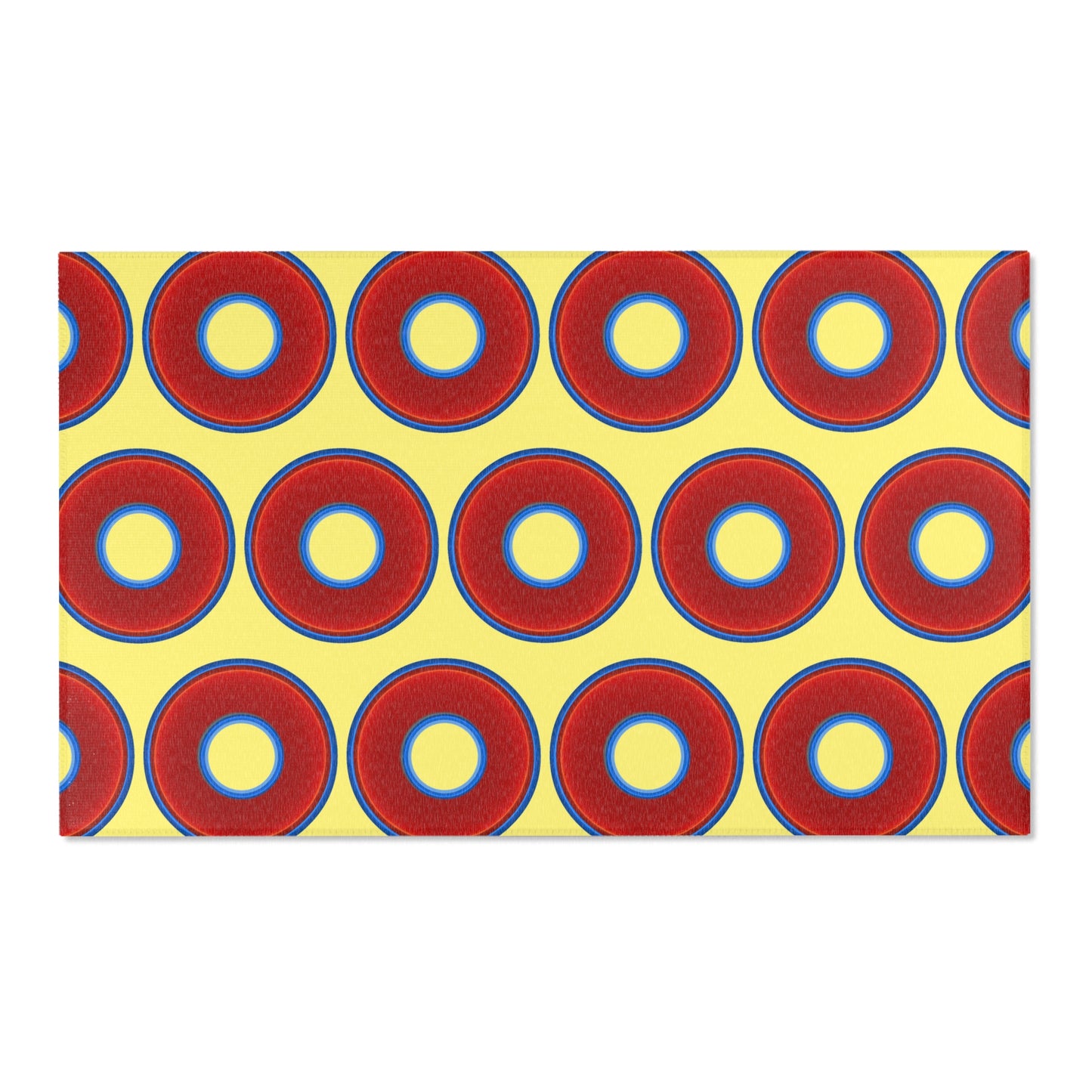 Lumpy Donut Print Rug - choice of 3 sizes - vivid red donut print w/yellow background