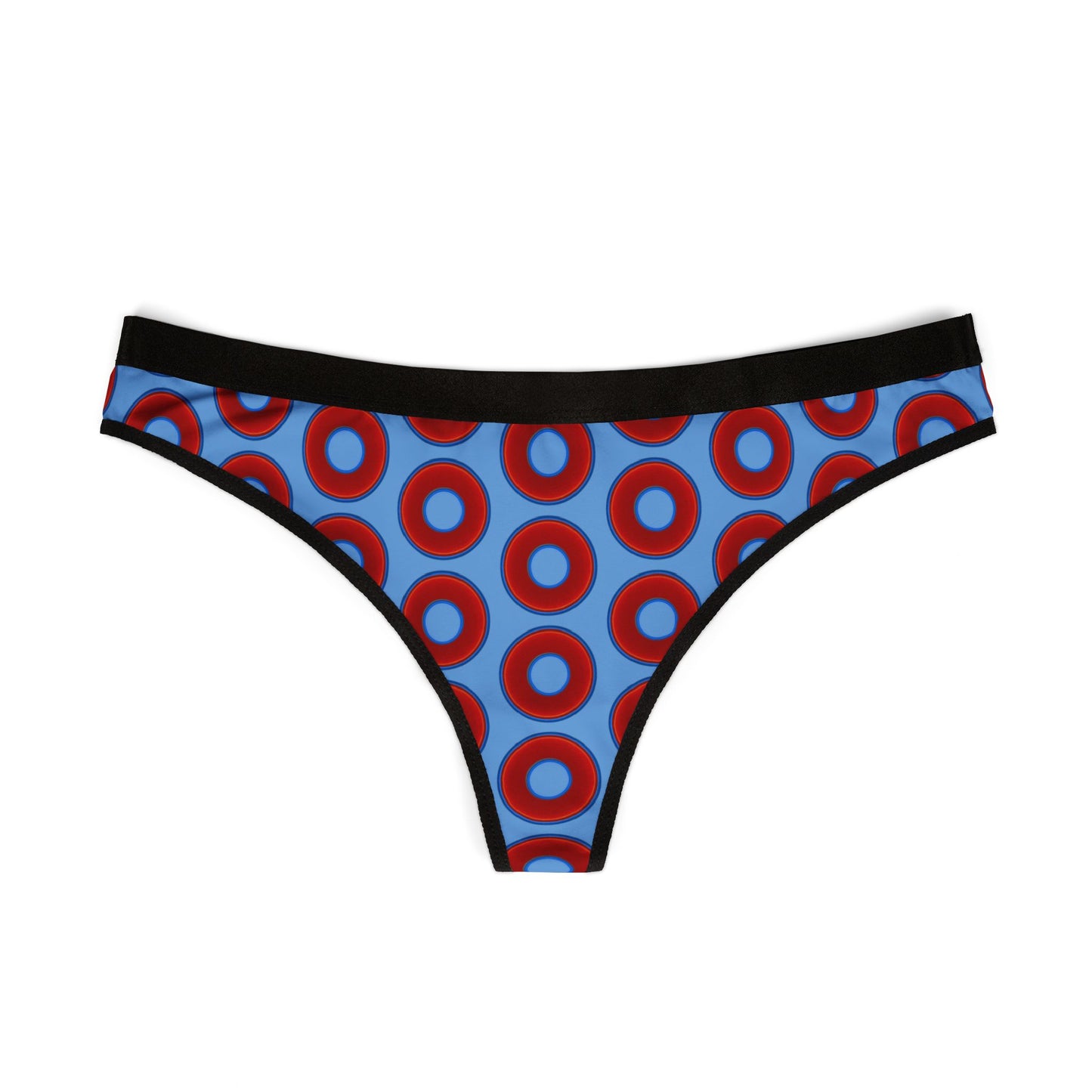 Lumpy Donut Thongs - red vivid donut print w/light blue background