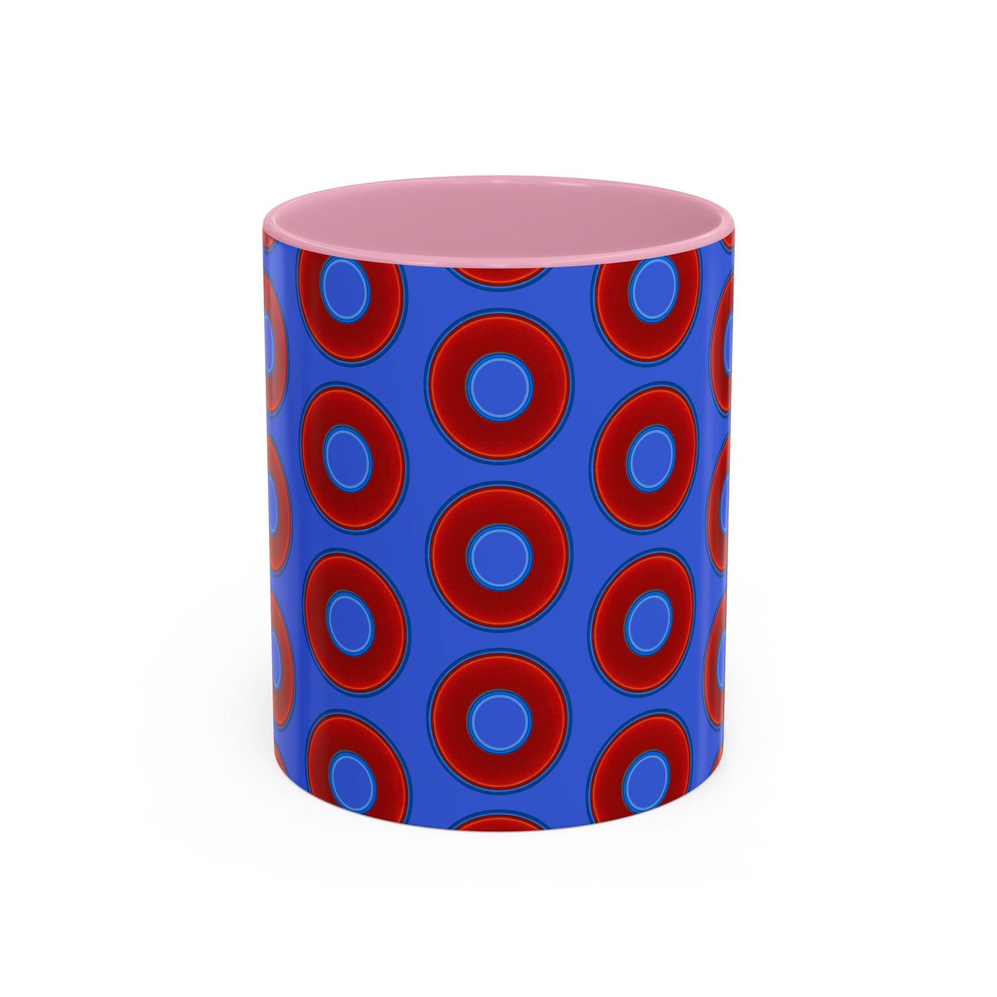 Lump's Grumpy Coffee Mug - vivid red donuts w/royal blue background