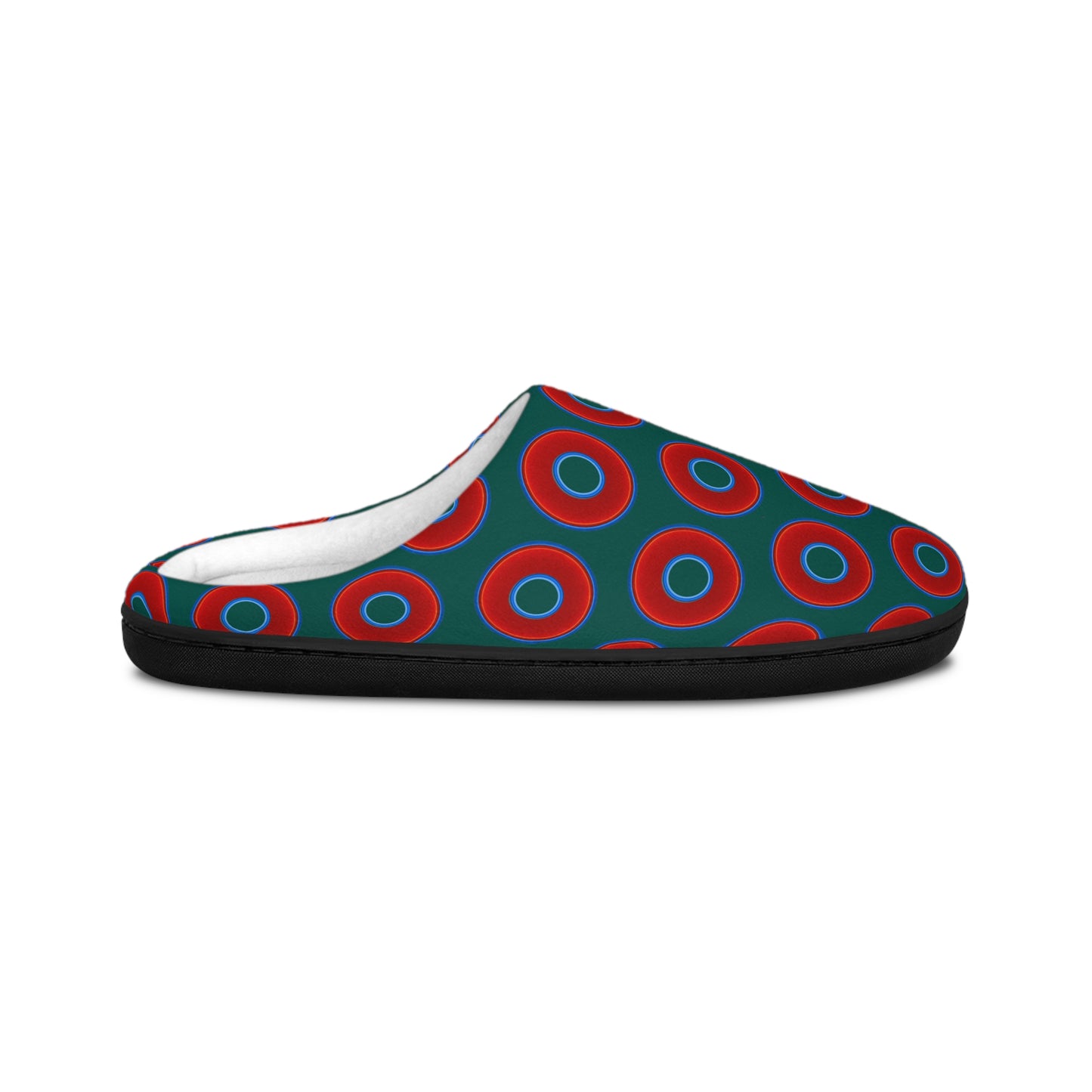 Men's Lumpy Slippers - red vivid donut print w/dark Fenway green background
