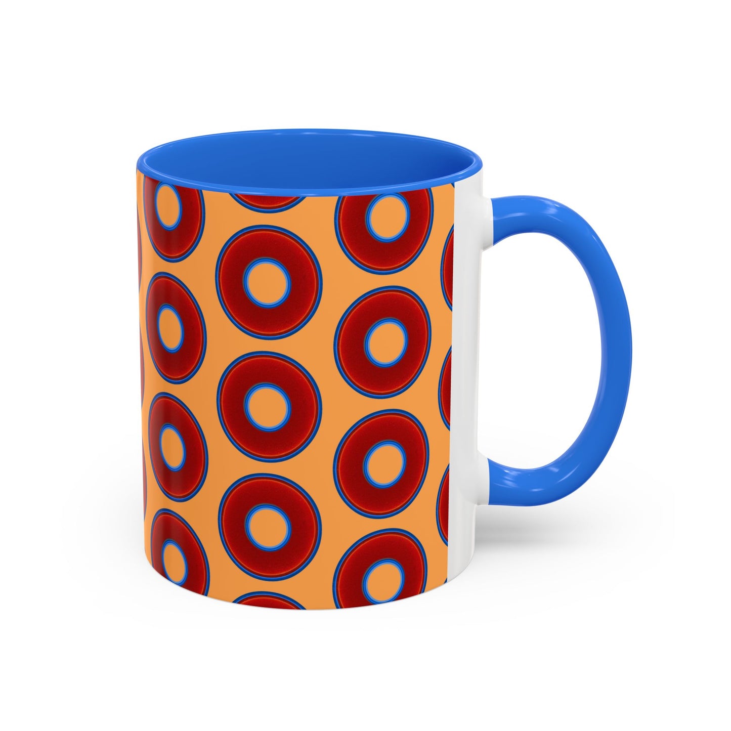 Lump's Grumpy Coffee Mug - vivid red donuts w/creamsicle orange background