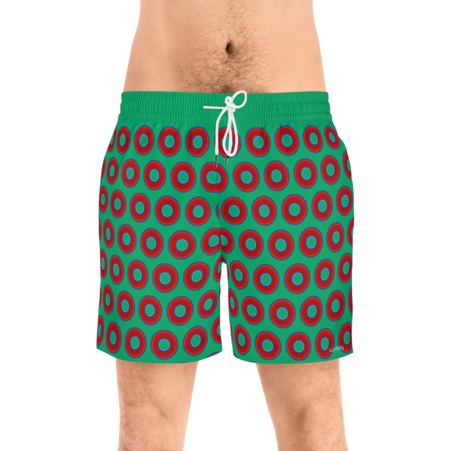 Men's Lumpy Swim Trunks - vivid red donut print w/jade green background