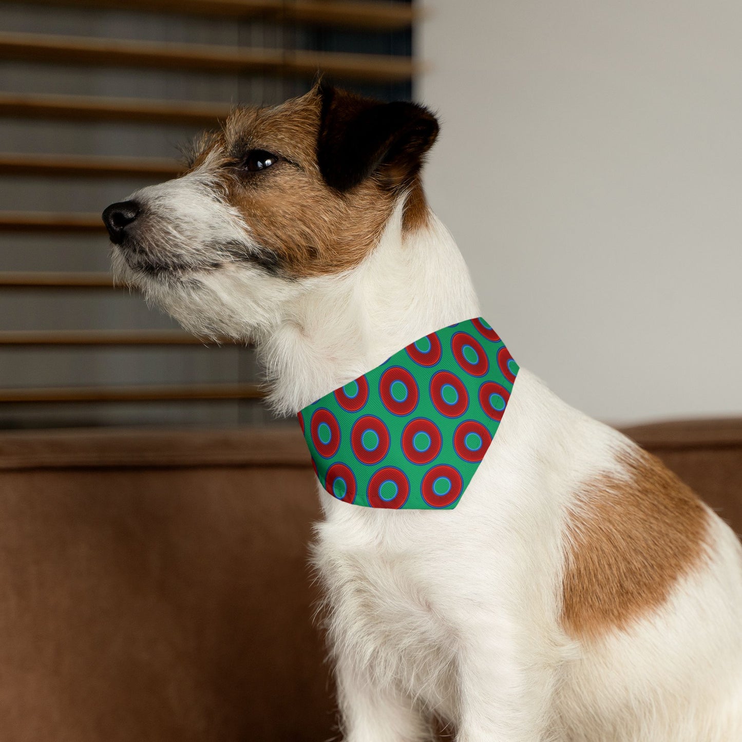 Jim's Lumpy Bandana Pet Collar - vivid red donuts w/jade green background