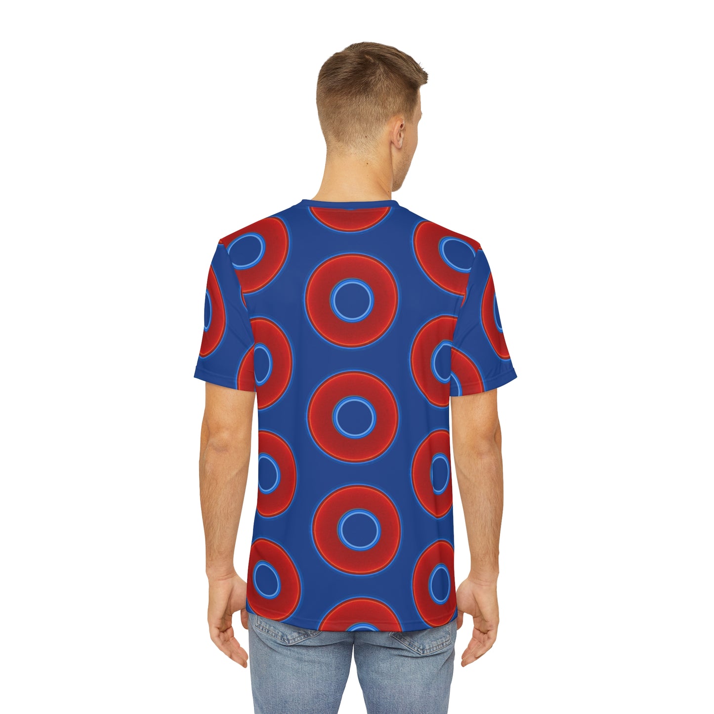 Multi-Beastie Giant Donut AOP Polyester Tee - red vivid donut print w/dark blue background