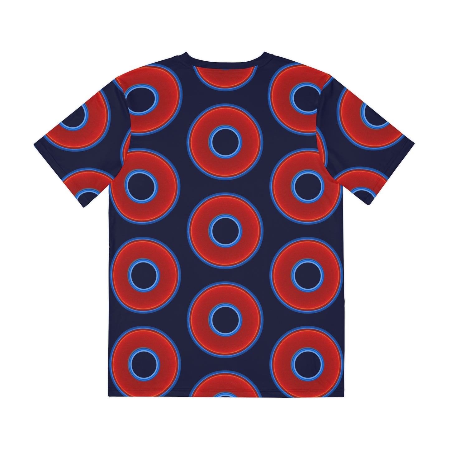 Multi-Beastie Giant Donut AOP Polyester Tee - red vivid donut print w/dark navy blue background