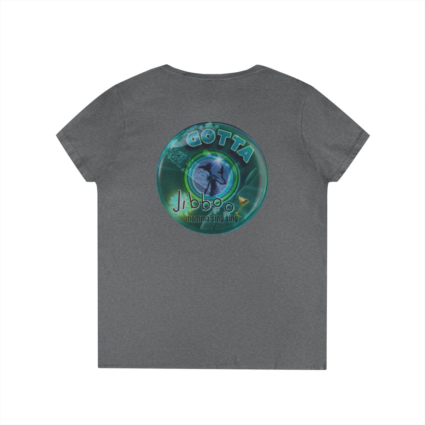 Women's Donut V-Neck Tee - "Momma just got out of Sing Sing" - vivid teal green donut w/