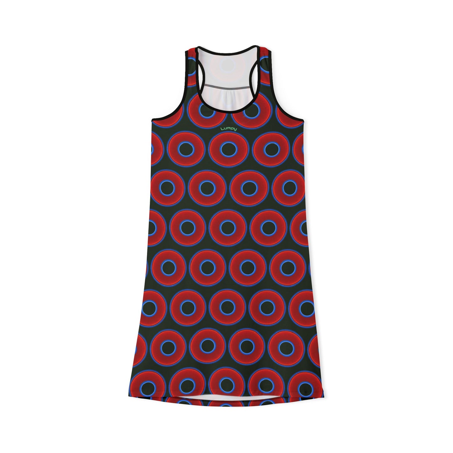 Tela's Lumpy Racerback Donut Dress - red vivid donut print w/deep forest green background