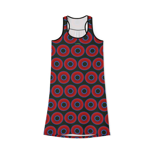 Tela's Lumpy Racerback Donut Dress - red vivid donut print w/deep forest green background