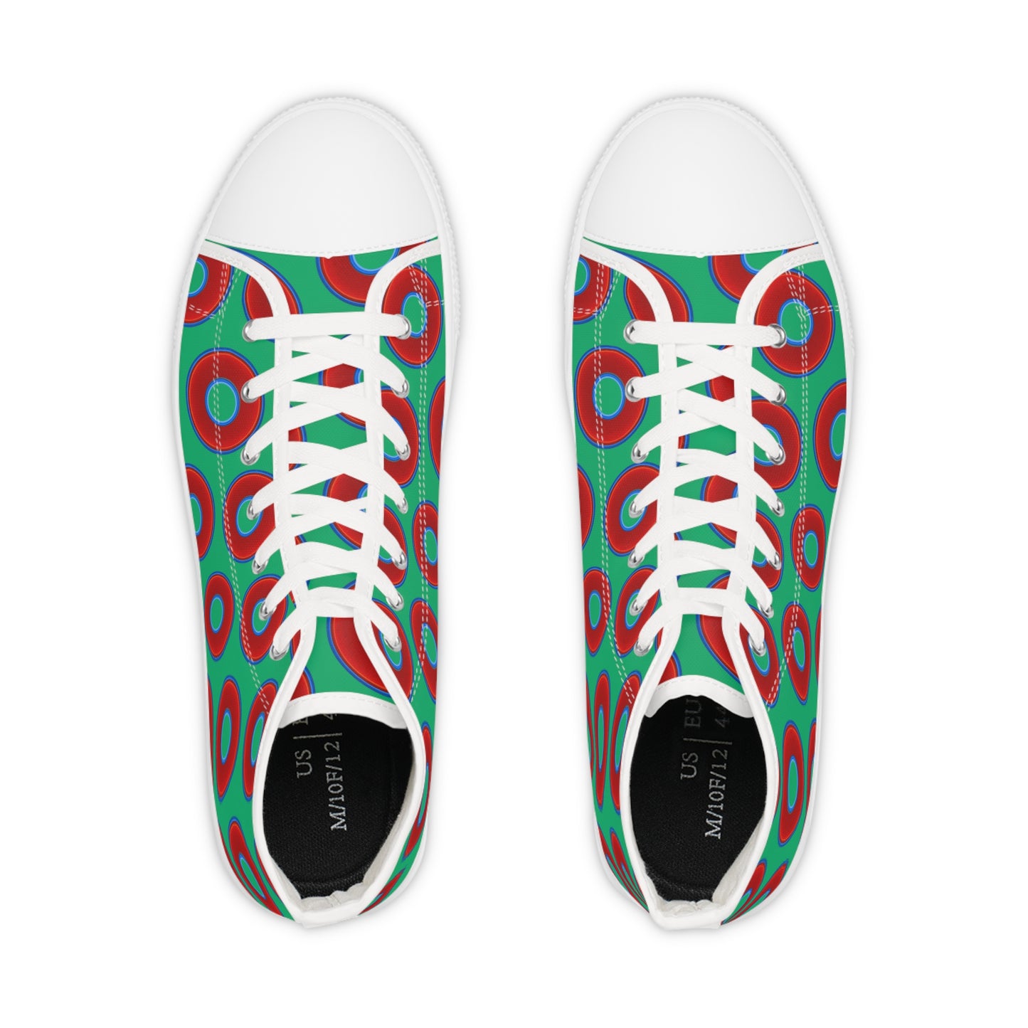Men's High Top Chucks - large vivid red donut print w/jade green background