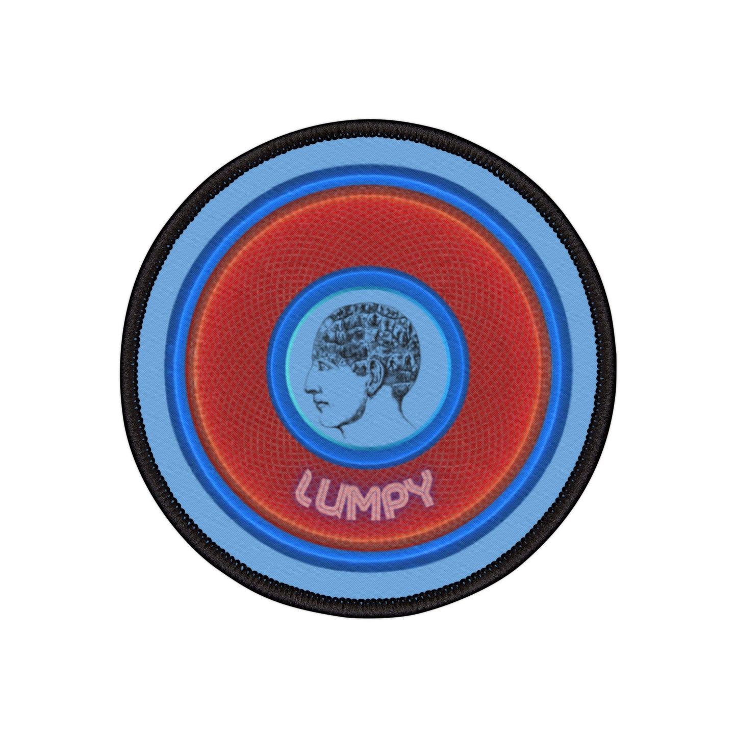 Iron-On Donut Patch - "A Very Lumpy Donut" - rustic red/blue donut - variant 1