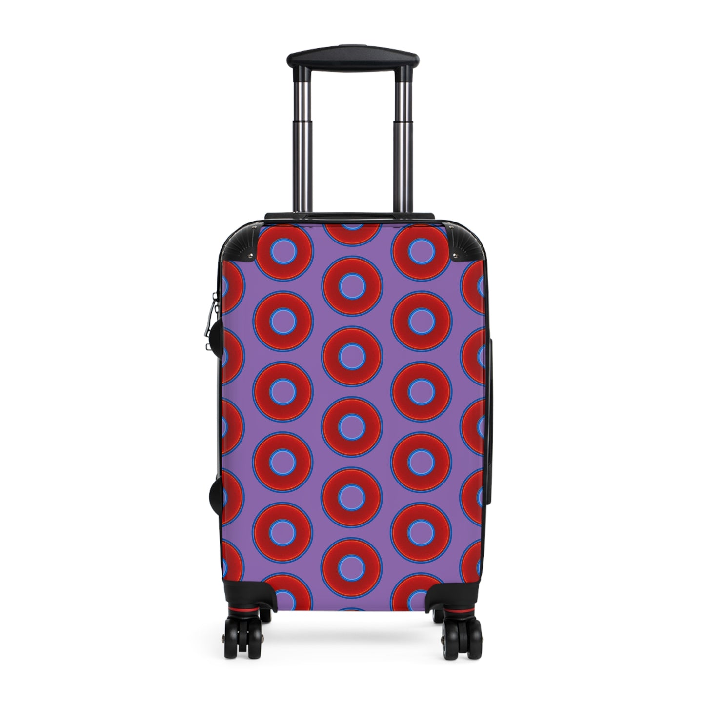 The Very Lumpy Donut Suitcase series - your choice of S, M or L - vivid red donut print w/light purple background
