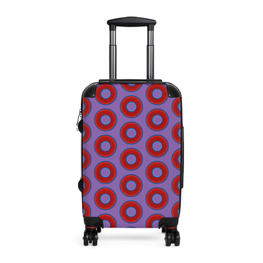 The Very Lumpy Donut Suitcase series - your choice of S, M or L - vivid red donut print w/light purple background