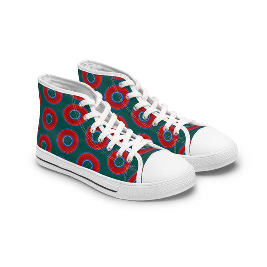 Women's High Top Chuck Taylors - large vivid red donut print w/dark Fenway background