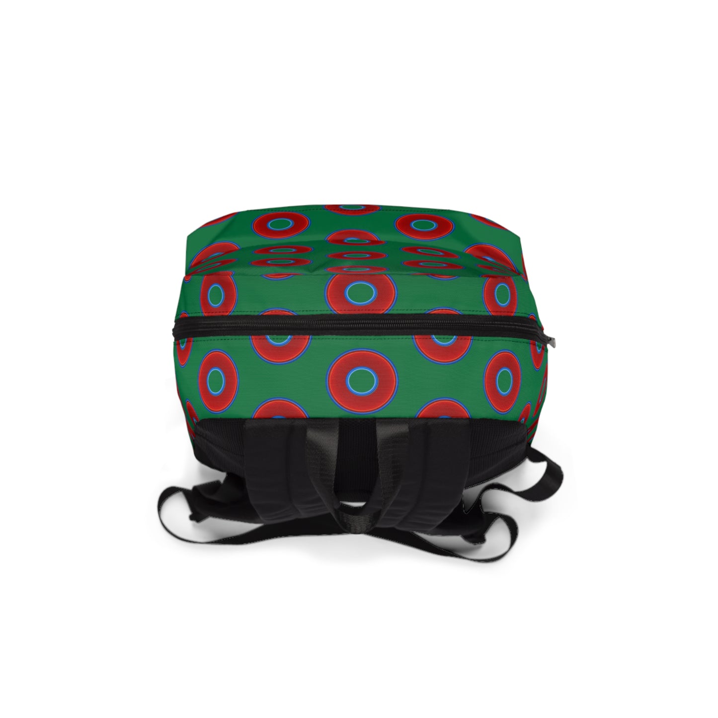 Donut Backpack - red vivid donuts w/green background