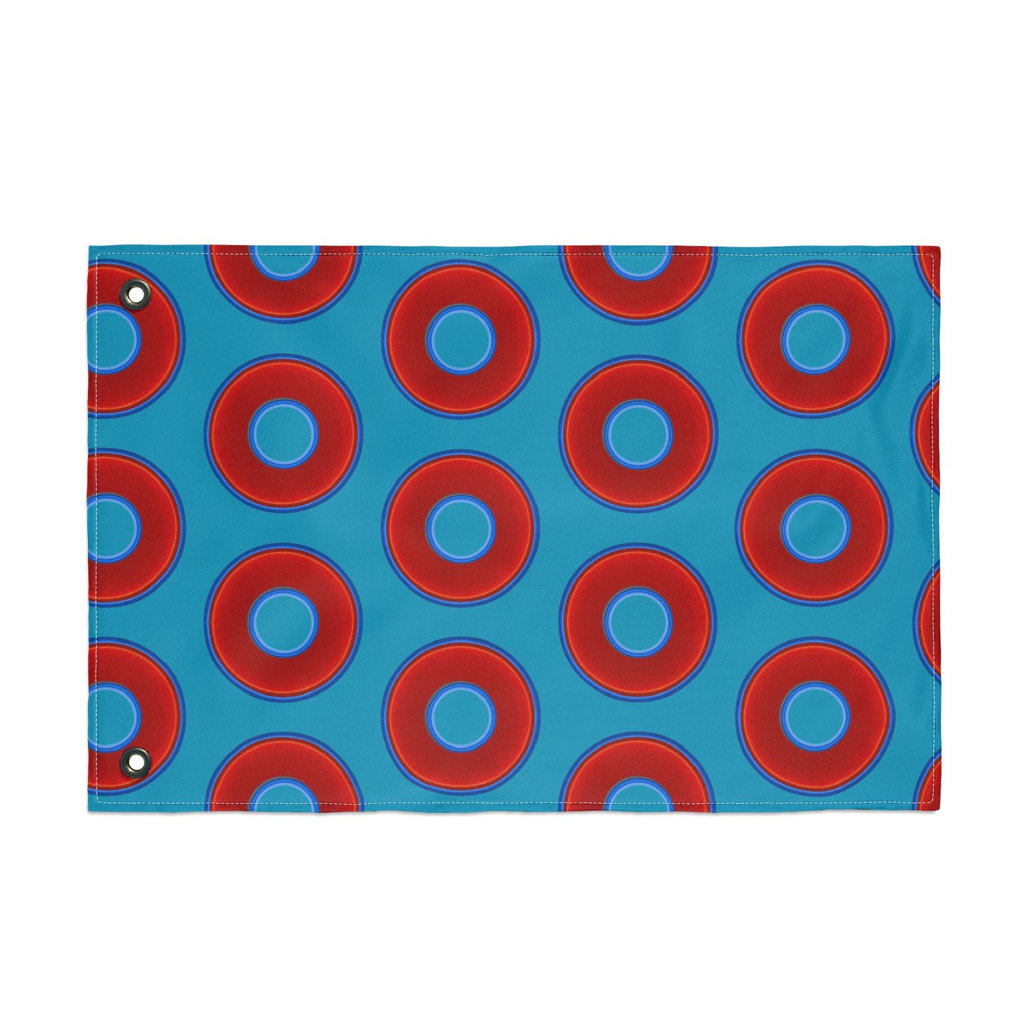 Lumpy Flagpole Sitters - Donut Flags [12" x 18"] - red vivid donut print w/aquamarine blue background
