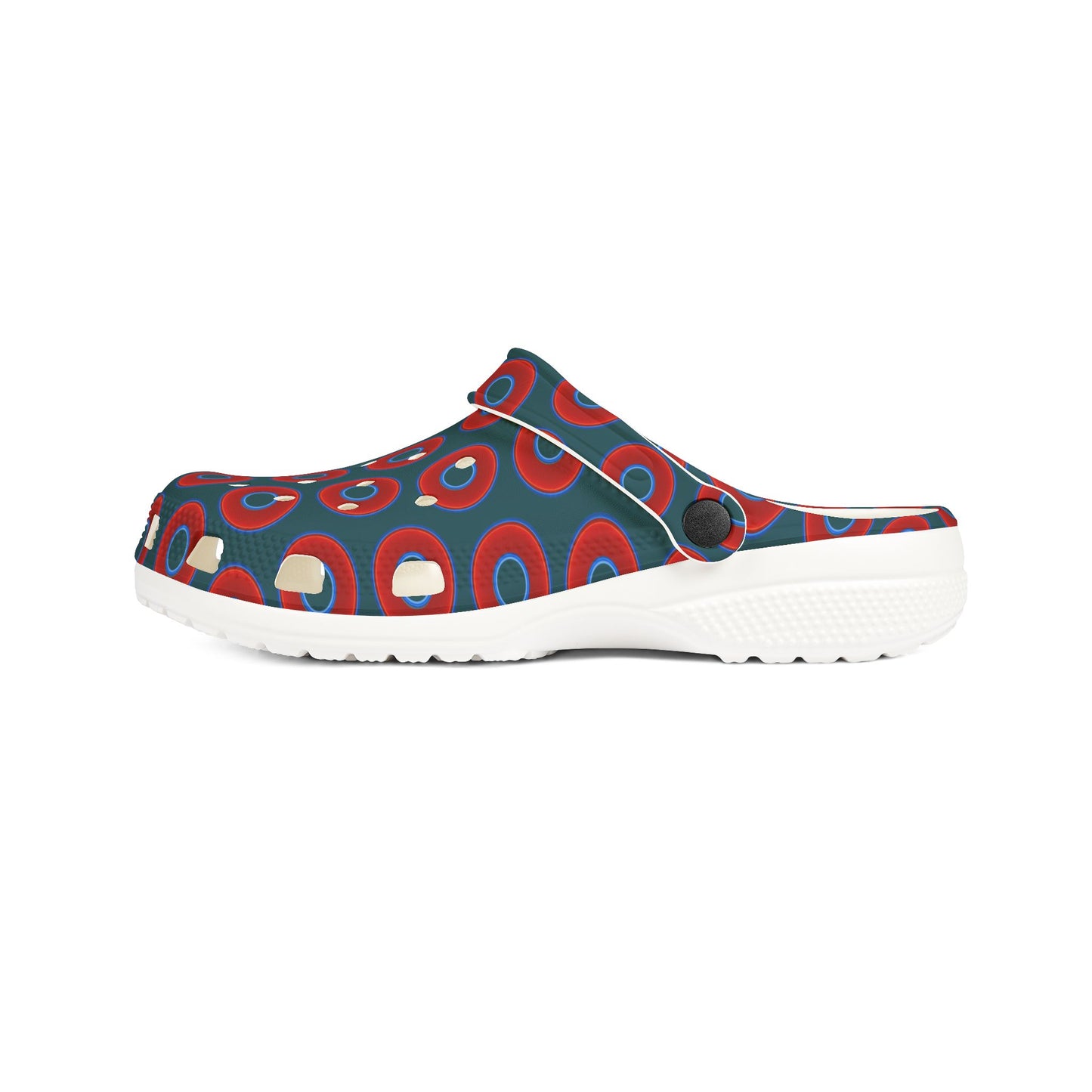 Spatchcocks - donut slip-on shoes - vivid red donuts w/midnight teal green background [unisex]