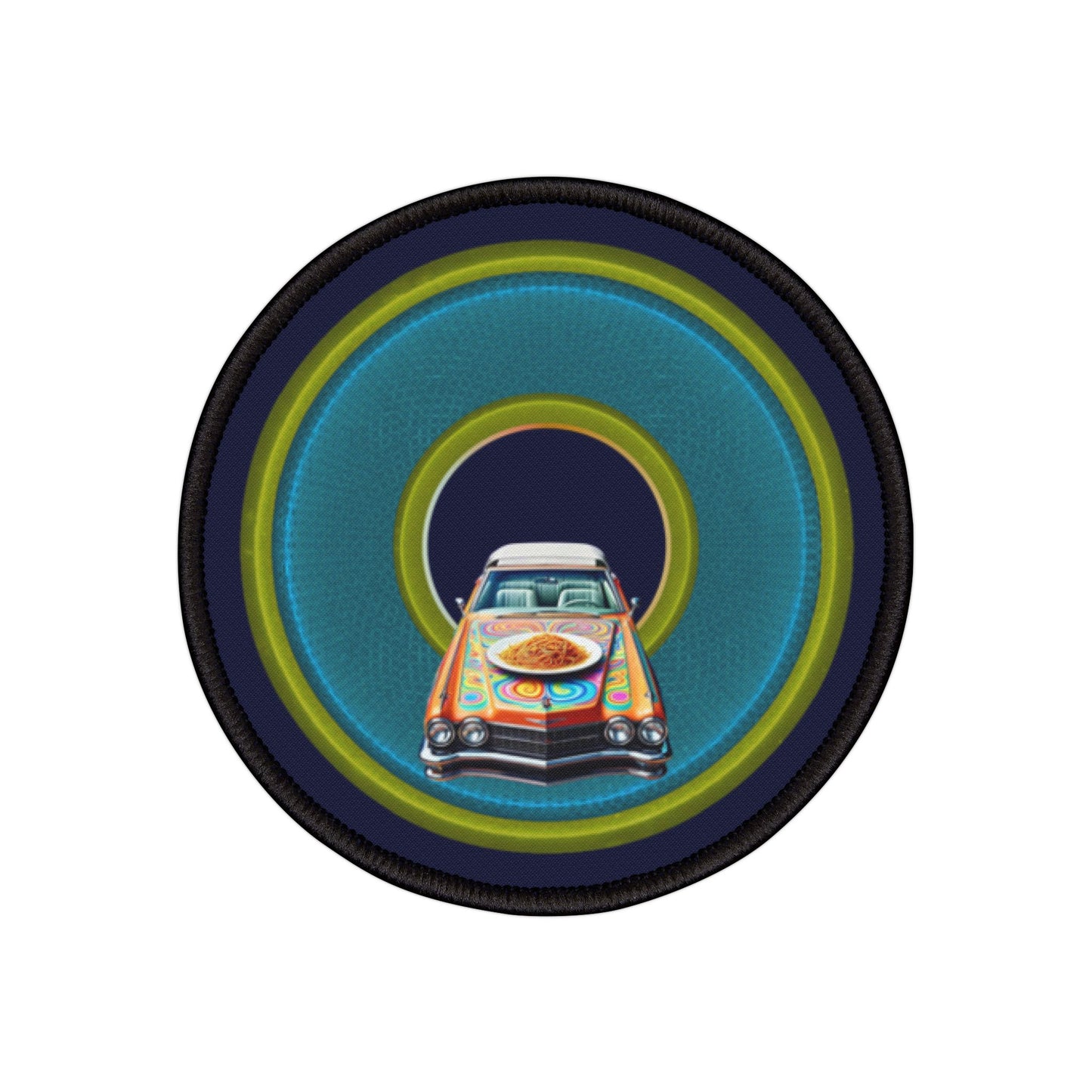 Iron-On Donut Patch - "Caddy Spaghetti Incident Donut Patch" - rustic blue/green donut - variant 4