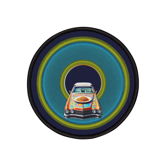 Iron-On Donut Patch - "Caddy Spaghetti Incident Donut Patch" - rustic blue/green donut - variant 4