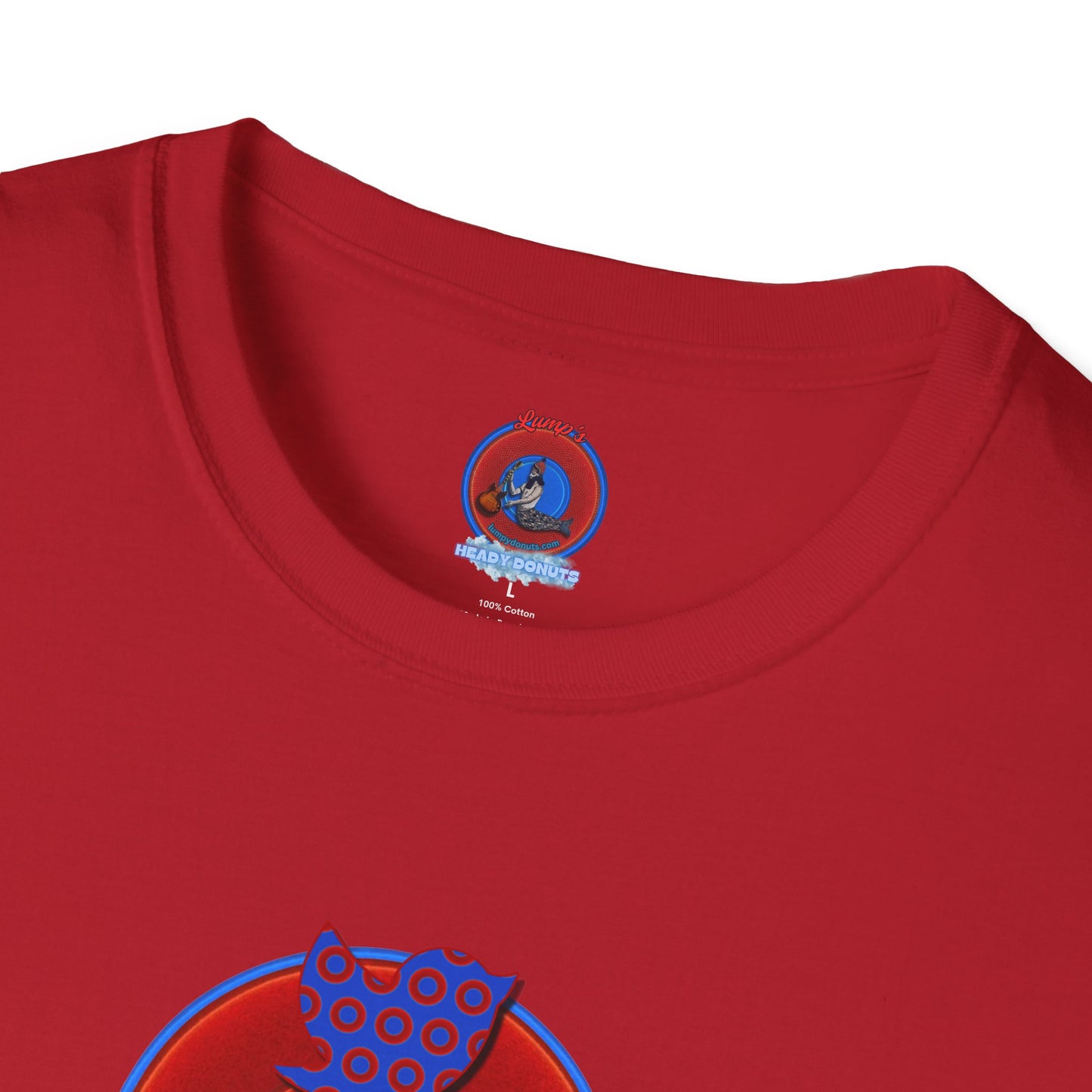 Classic Donut Tee - Unisex Soft-Style - "Phamous Mocking Donut" - vivid red/blue donut