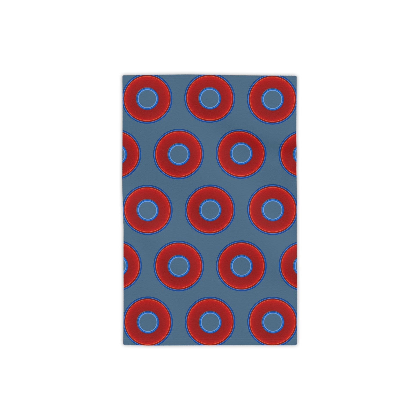Lumpy Donut Towels - vivid red donuts w/steel blue background