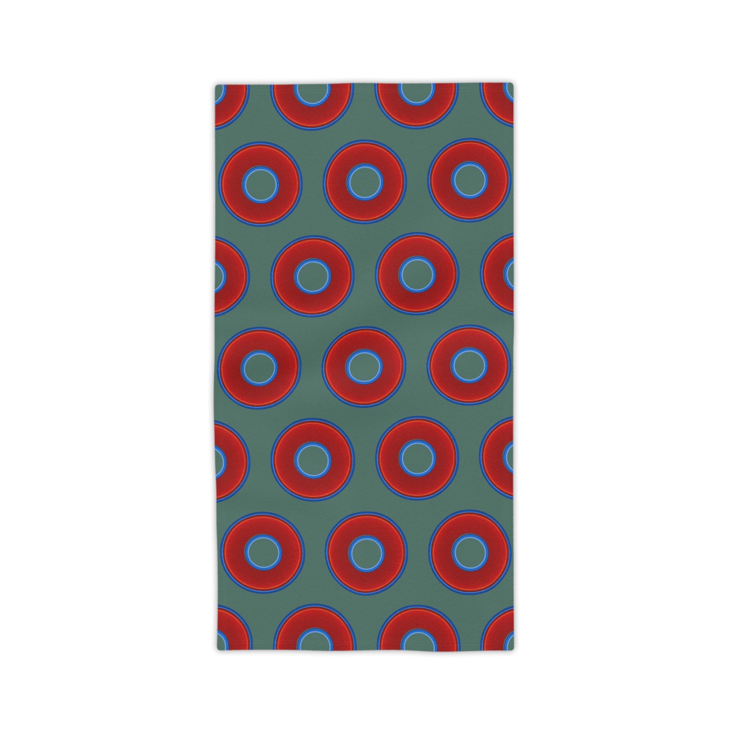 Lumpy Donut Towels - vivid red donuts w/Fenway green background