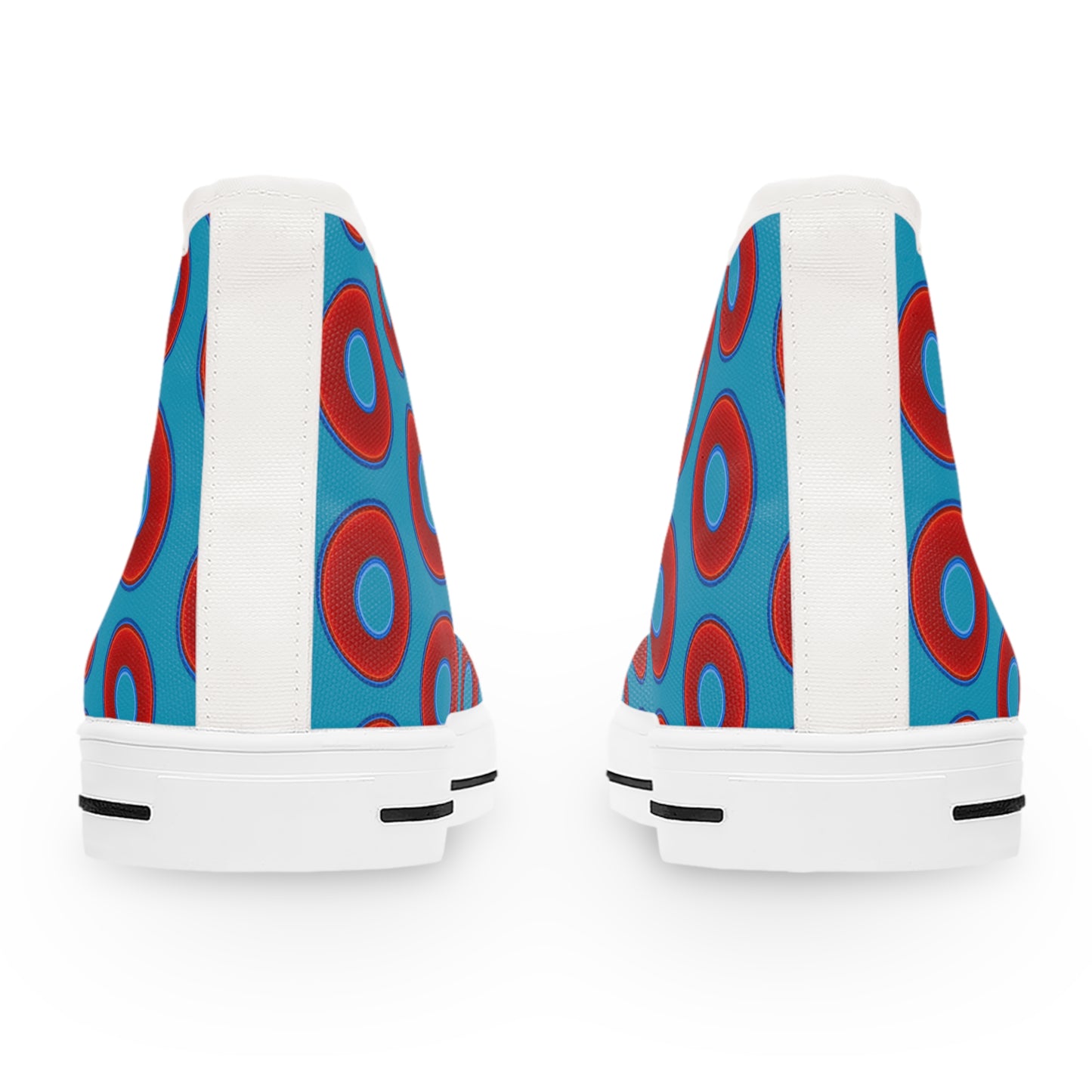Women's High Top Chuck Taylors - large vivid red donut print w/aquamarine blue background