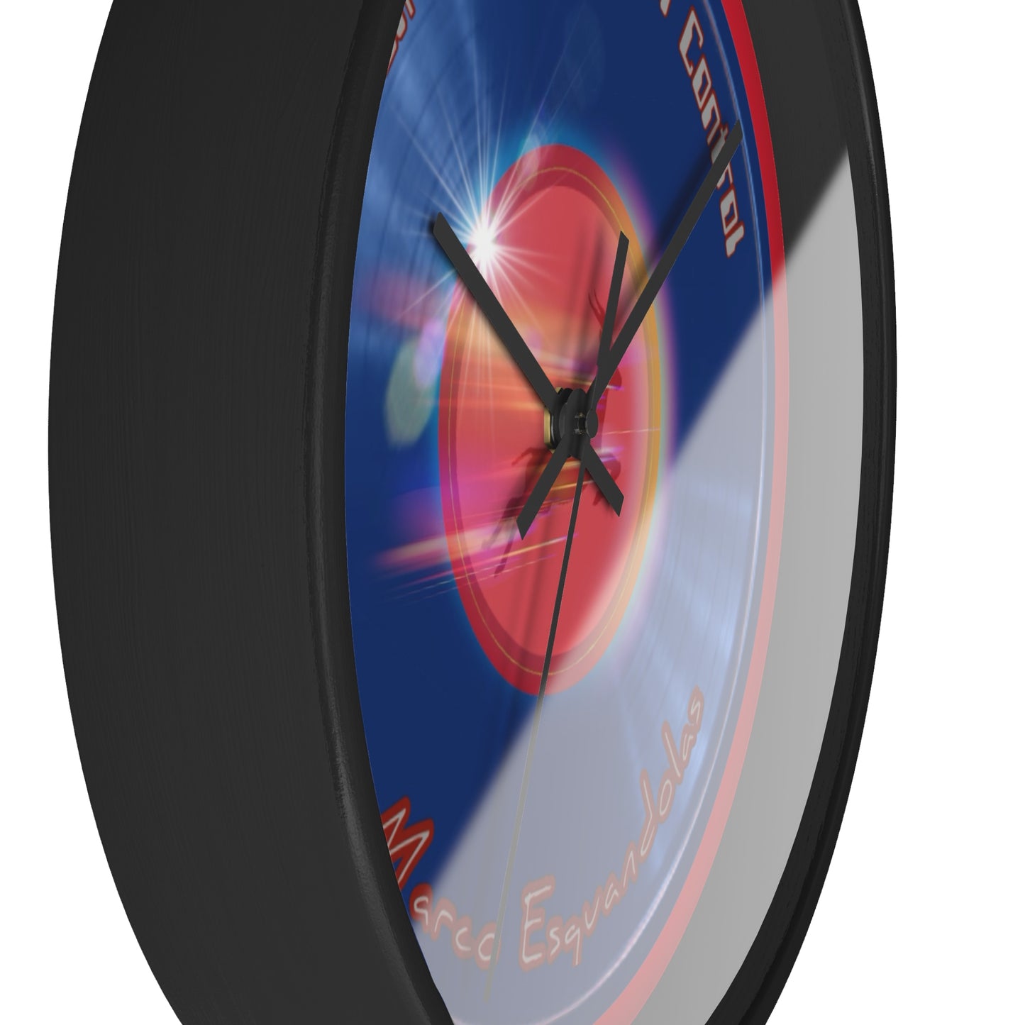 Lumpy Wall Clock - "Marco Makes Good Time Donut" - blue vivid donut w/red background