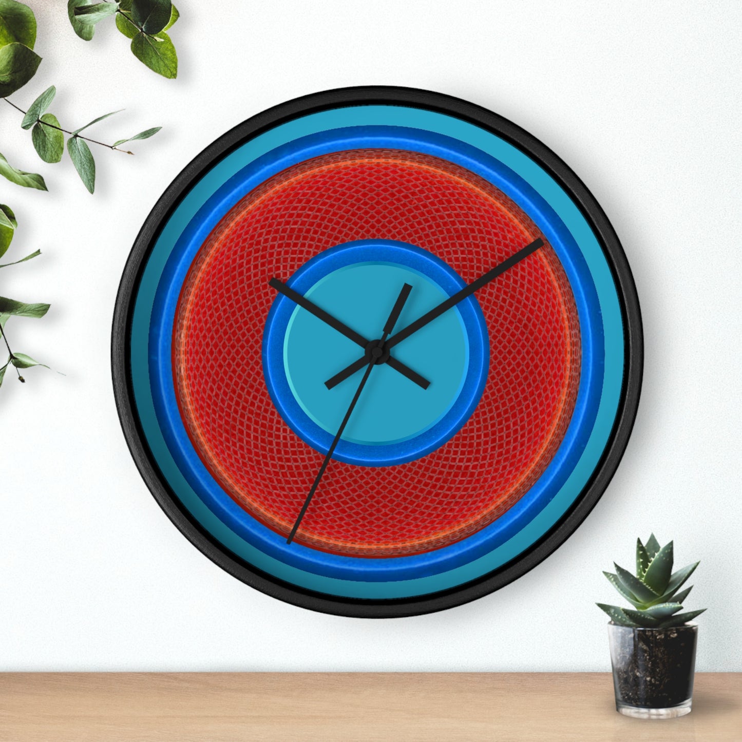 Lumpy Wall Clock - red rustic donut w/light blue edging - variant 6 w/aquamarine blue background