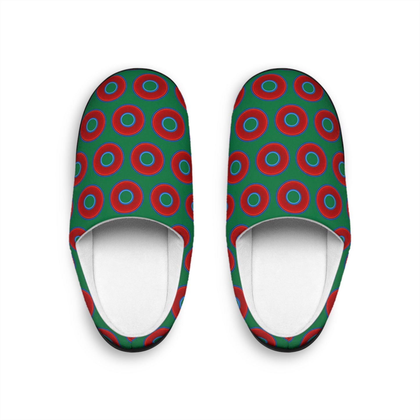 Men's Lumpy Slippers - red vivid donut print w/green background