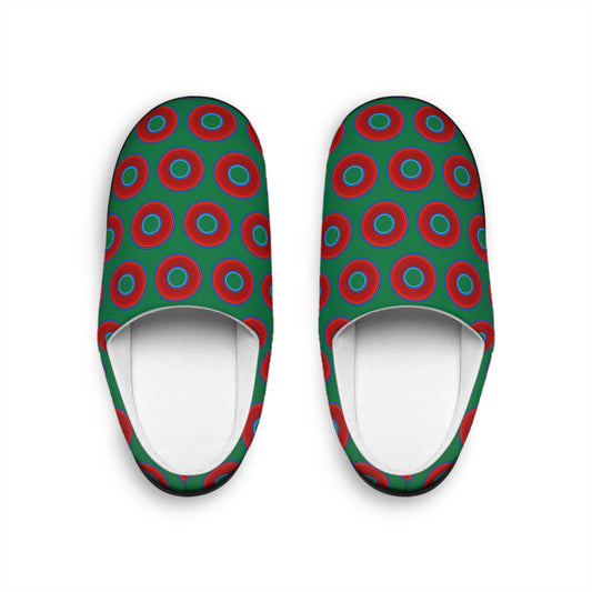 Men's Lumpy Slippers - red vivid donut print w/green background