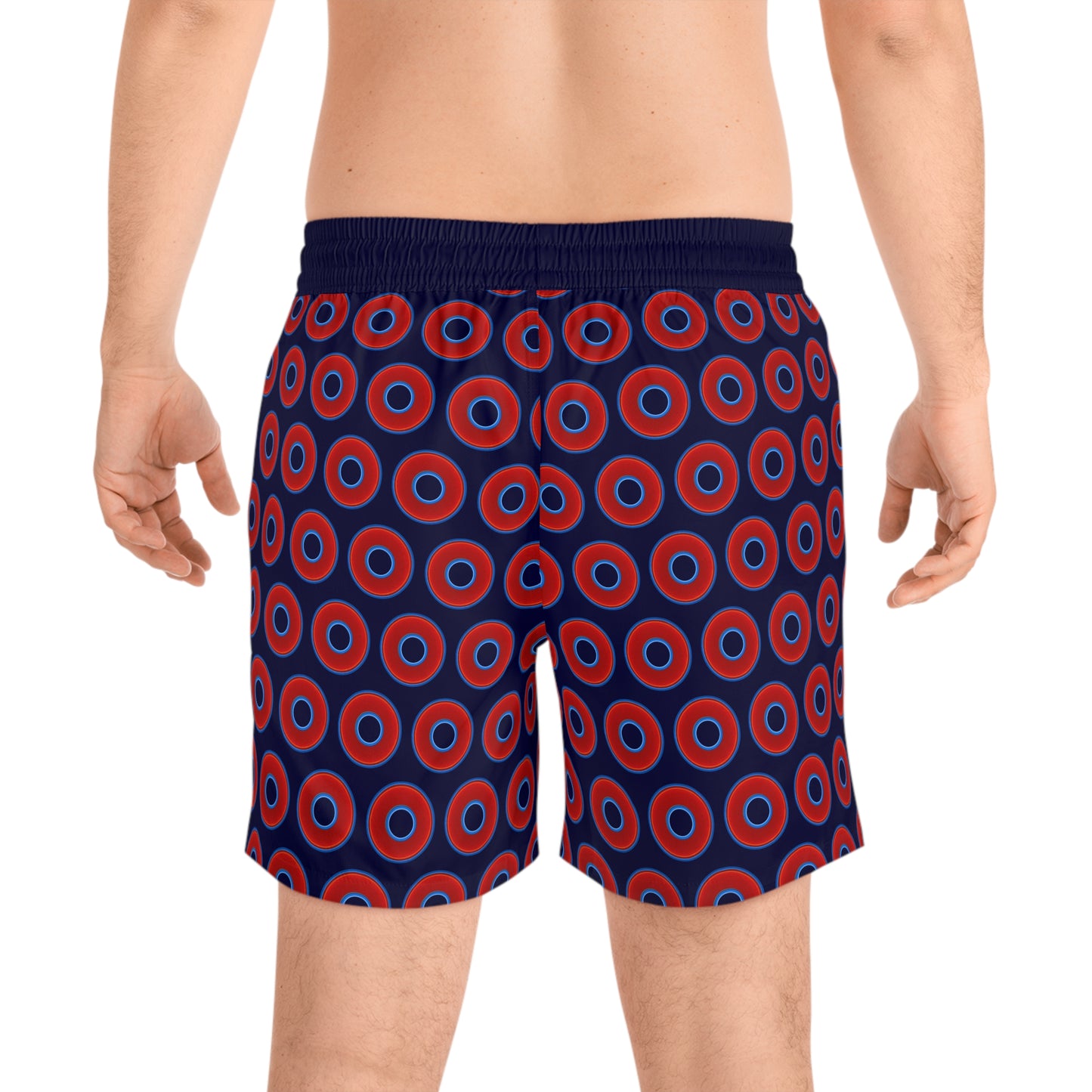 Men's Lumpy Swim Trunks - vivid red donut print w/midnight blue background