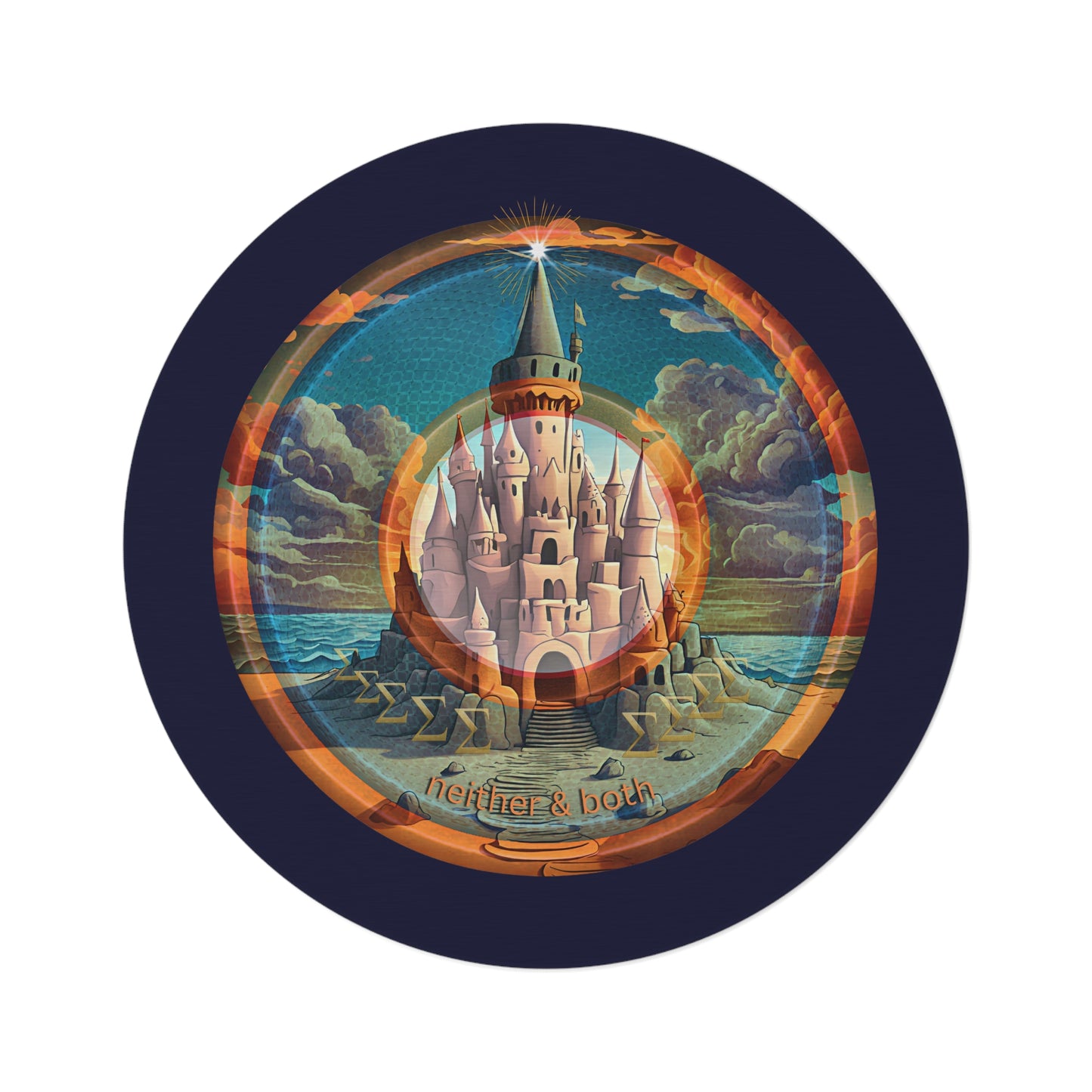 Round Room - 5 ft x 5 ft Lumpy Donut Rug - "The Donut Rug that Tides Never Reached" - vivid orange/blue pic donut w/dark navy background - variant 2