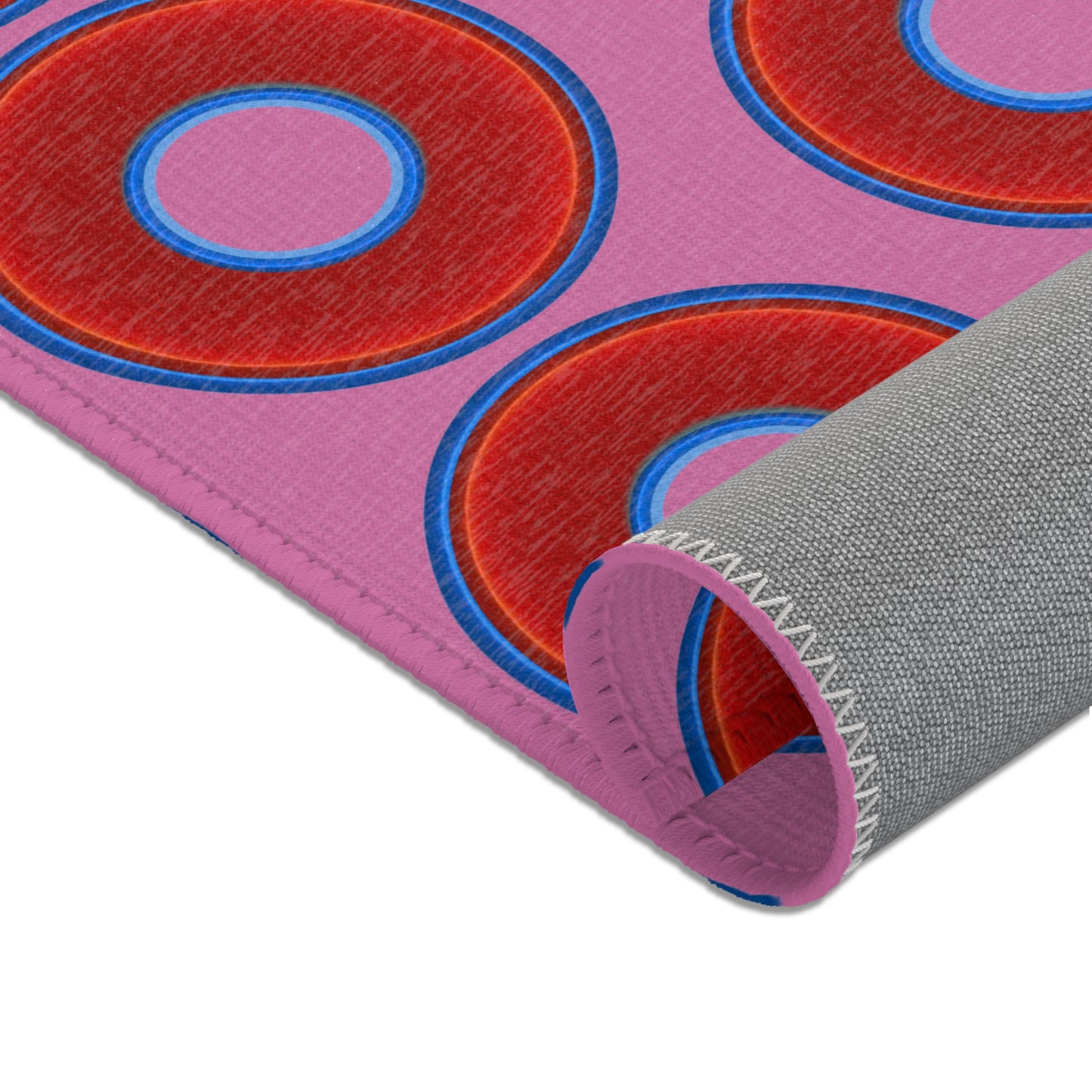 Lumpy Donut Print Rug - choice of 3 sizes - vivid red donut print w/pink background