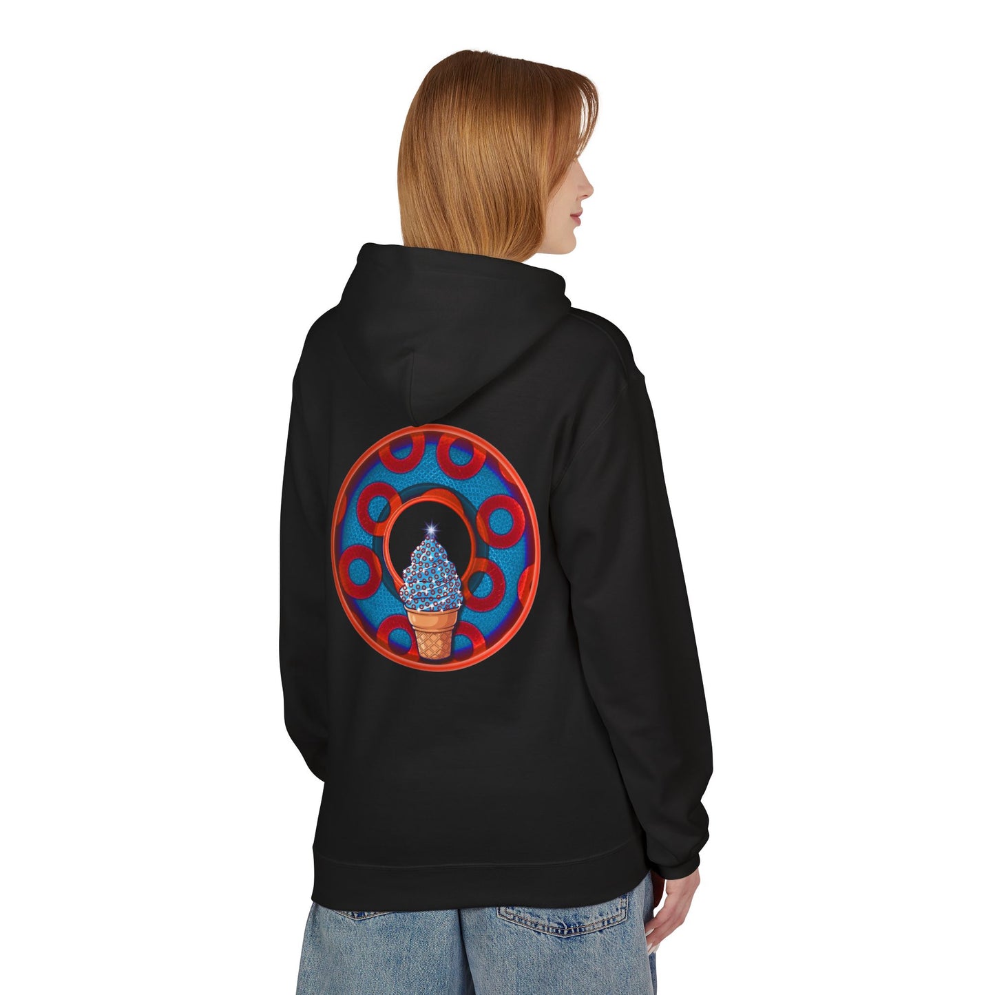 Fleece Harry Hoodies [Midweight Soft-style] - "We All Scream It's ICE Cream - YEMSG Donut" - blue/red rustic paradox donut