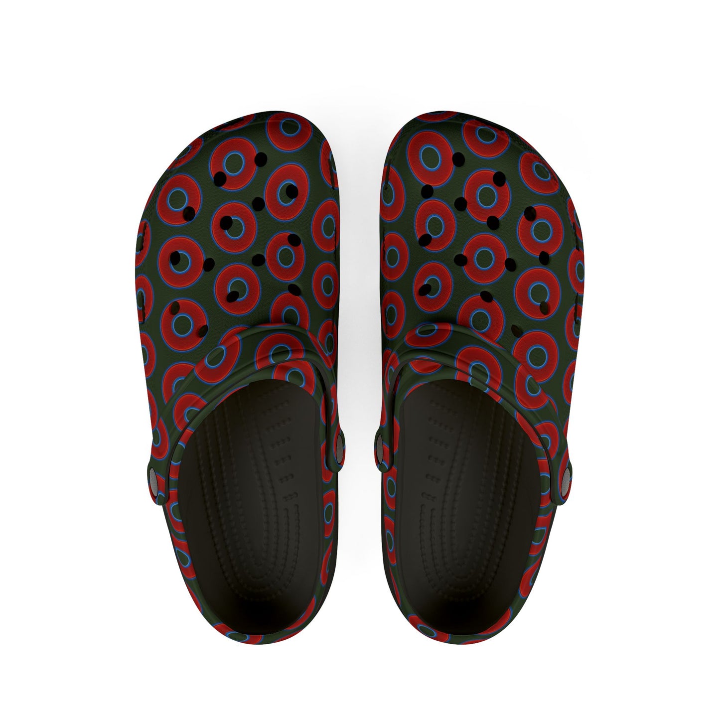 Spatchcocks - donut slip-on shoes - vivid red donuts w/deep forest green background [unisex]