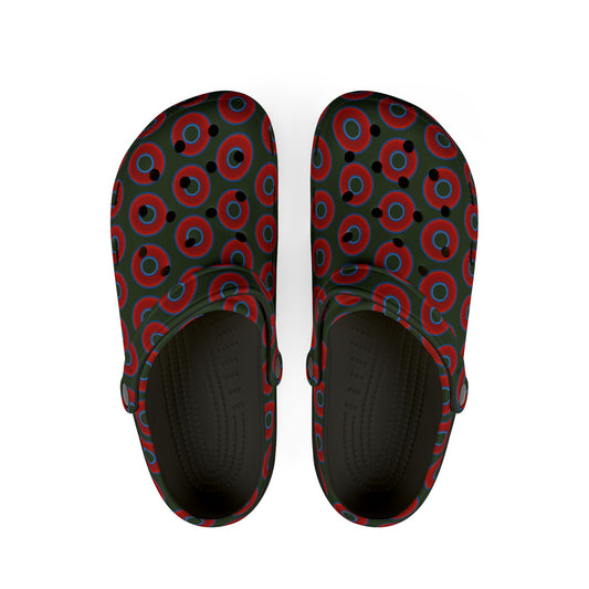 Spatchcocks - donut slip-on shoes - vivid red donuts w/deep forest green background [unisex]