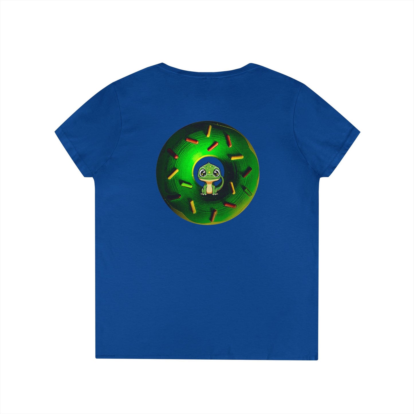 Women's Donut V-Neck Tee - "Little Baby Rutherford" - green cartoon donut w/sprinkles