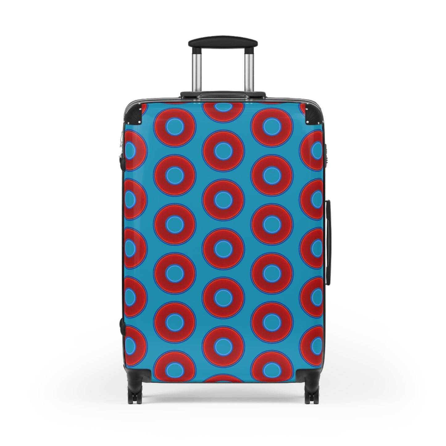 Very Lumpy Donut Suitcase series - your choice of S, M or L - vivid red donut print w/aquamarine blue background