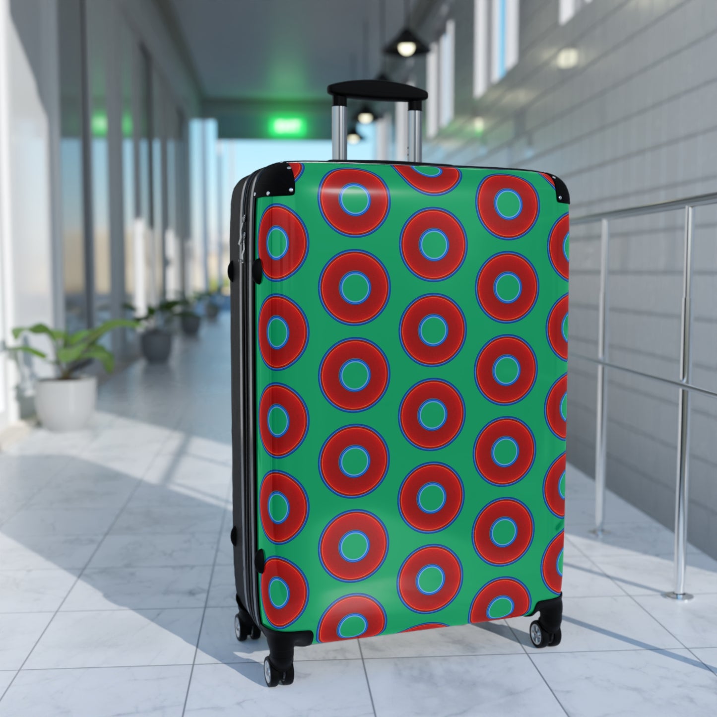 The Very Lumpy Donut Suitcase series - your choice of S, M or L - vivid red donut print w/jade green background