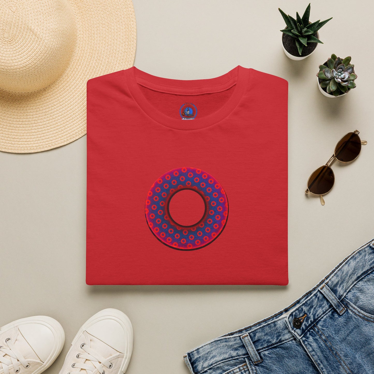 Classic Donut Tee - Unisex Soft-Style - "Vivid Donut inside a Paradox Donut" - blue/red electric paradox donut - variant 2 w/hole