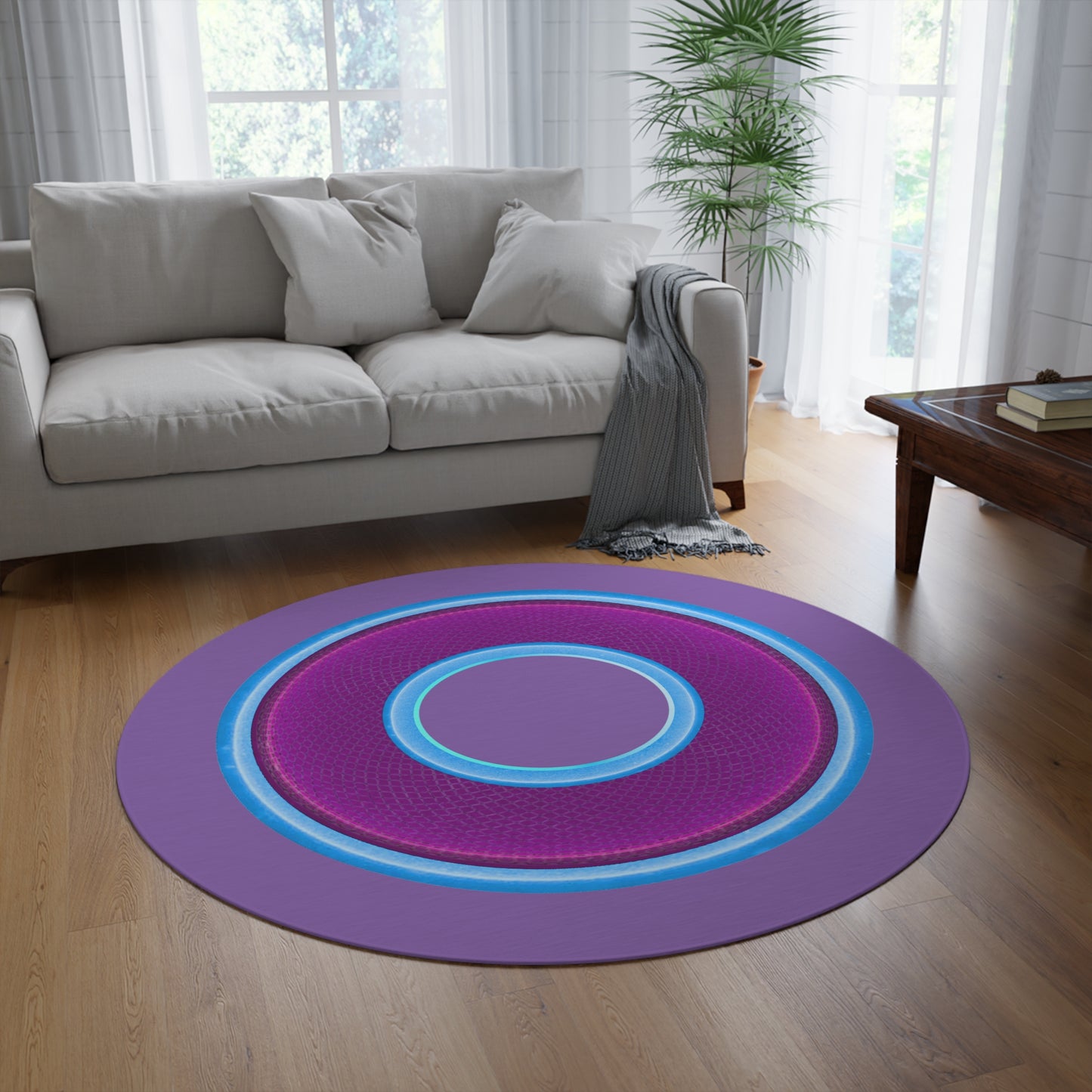 Round Room - 5 ft x 5 ft Lumpy Donut Rug - "Plain Donut" - rustic magenta/light blue donut w/light purple background