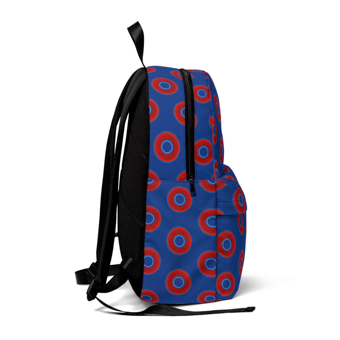 Donut Backpack - red vivid donuts w/dark blue background