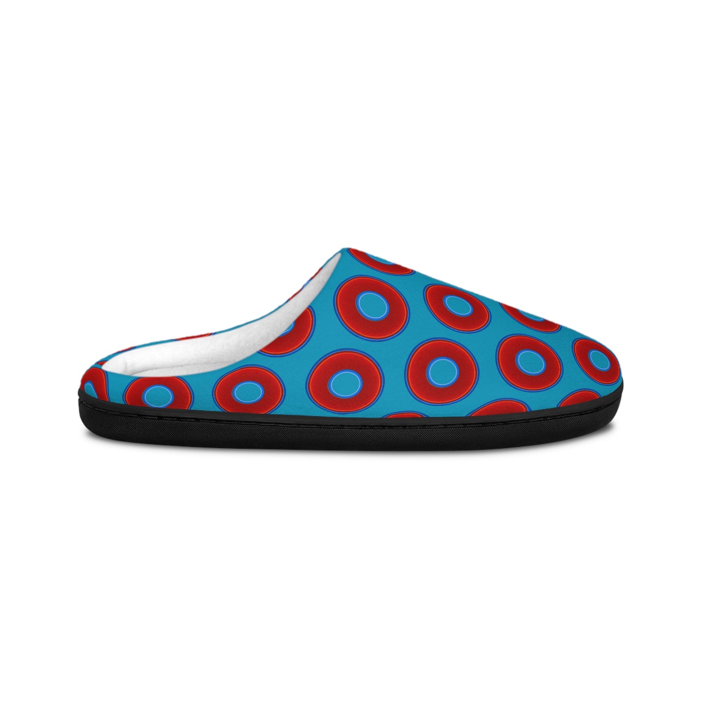 Men's Lumpy Slippers - red vivid donut print w/aquamarine blue background