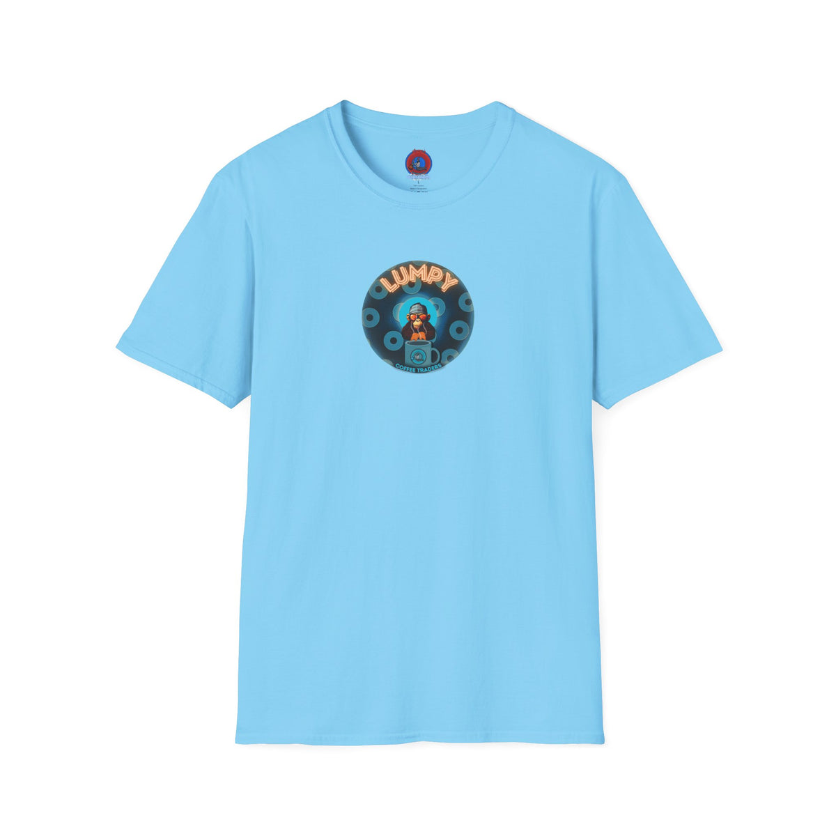 Coffee Traders Tee - Unisex Soft-Style - "Tasty Coffee" - paradoxical donut/cubed blue donut - variant 2 - logo front/It's Ice Cube's back